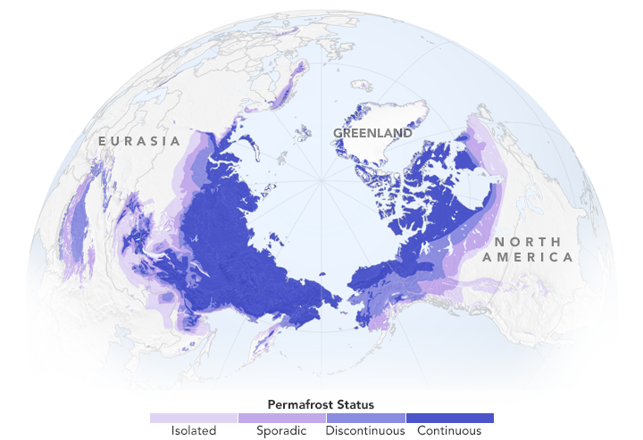 A NASA Map of the Northern Hemisphere showing the extent of permafrost. A NASA Map of the Northern Hemisphere showing the extent of permafrost.