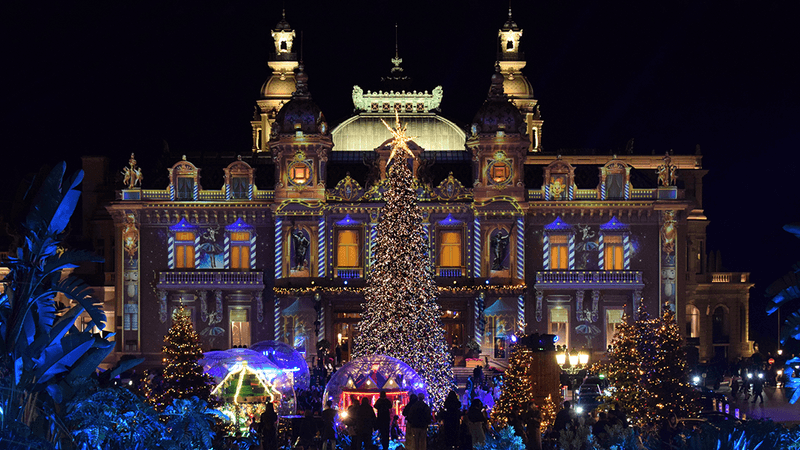 The Casino de Monte Carlo in Monaco, at night.