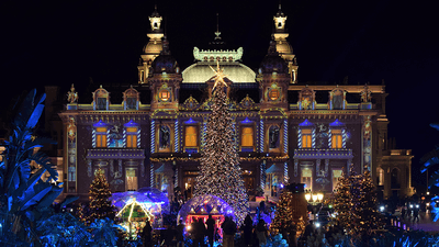 The Casino de Monte Carlo in Monaco, at night.