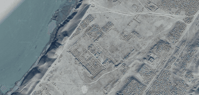A satellite image of northeastern Afghanistan, close to the border of Tajikistan, shows the outline of Ai-Khanoum in 2018.
