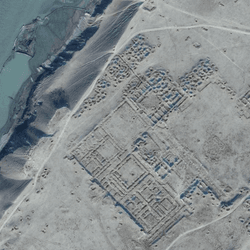 A satellite image of northeastern Afghanistan, close to the border of Tajikistan, shows the outline of Ai-Khanoum in 2018.