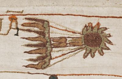 the embroidered comet looks like a little sun with a long triangular tail