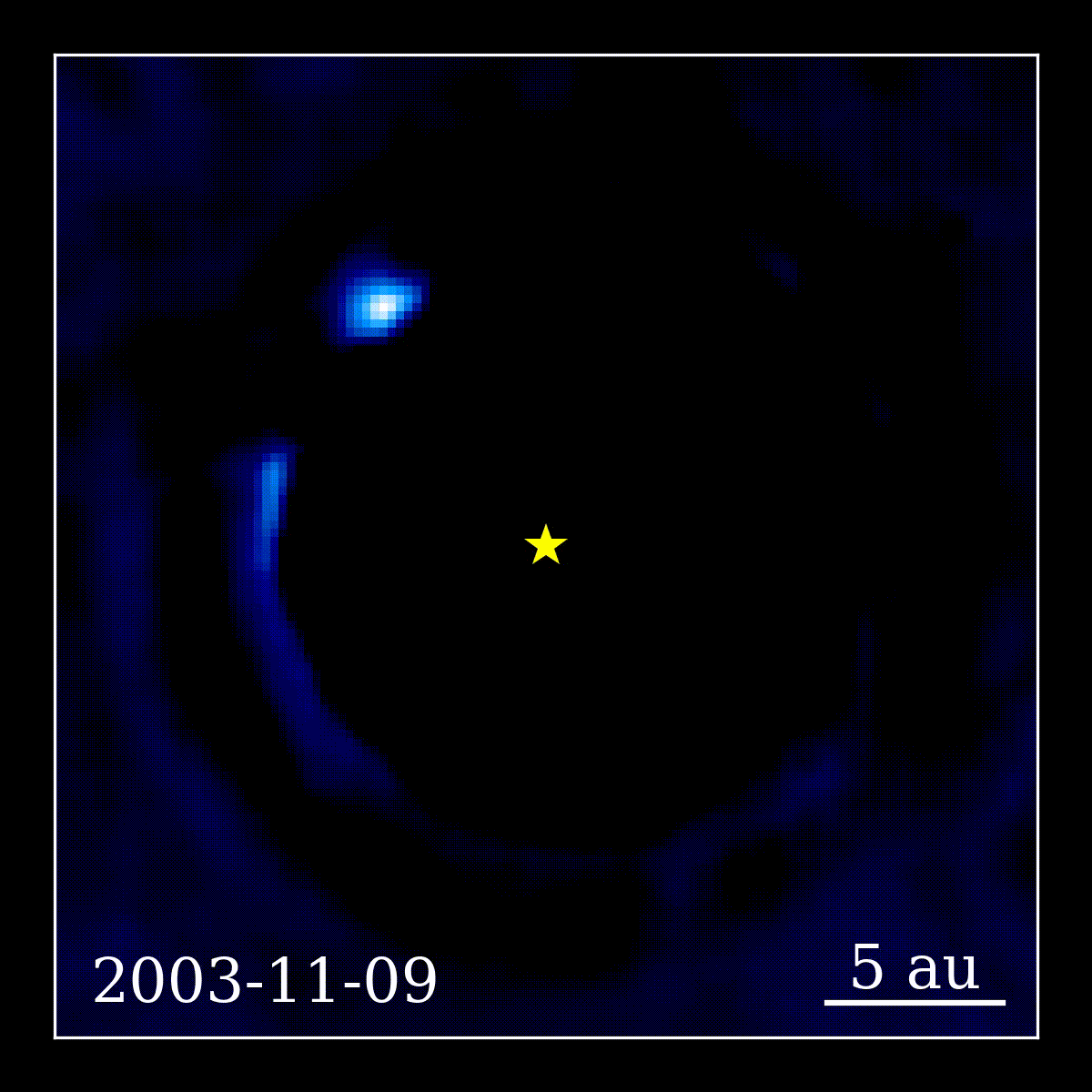 The black circle and star icon is suppressing the glare we would see from Beta Pictoris, but the star’s light is so intense it outshines the planet when it gets too close. Those moments are marked with an X.  