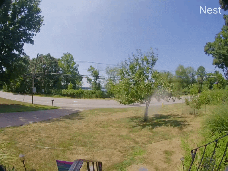 The front yard of a house, seen from doorbell footage. A bright light streaks through the sky in the top left.