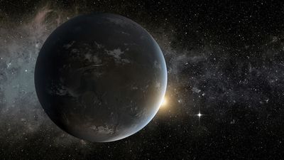 the render shows a large rocky planet with a thin atmosphere and clouds