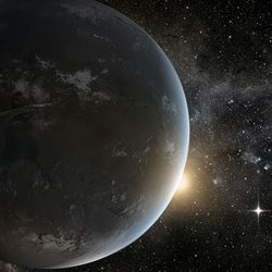 the render shows a large rocky planet with a thin atmosphere and clouds