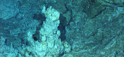A white carbonate spire in the Lost City vent field in the Mid-Atlantic Ridge, imaged on 2005 July.