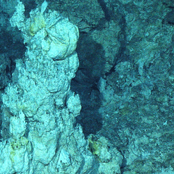 A white carbonate spire in the Lost City vent field in the Mid-Atlantic Ridge, imaged on 2005 July.