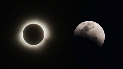 two images putting a solar eclipse and a partial lunar eclipse side by side