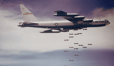 B-52 Stratofortress dropping bombs in the 1960s.