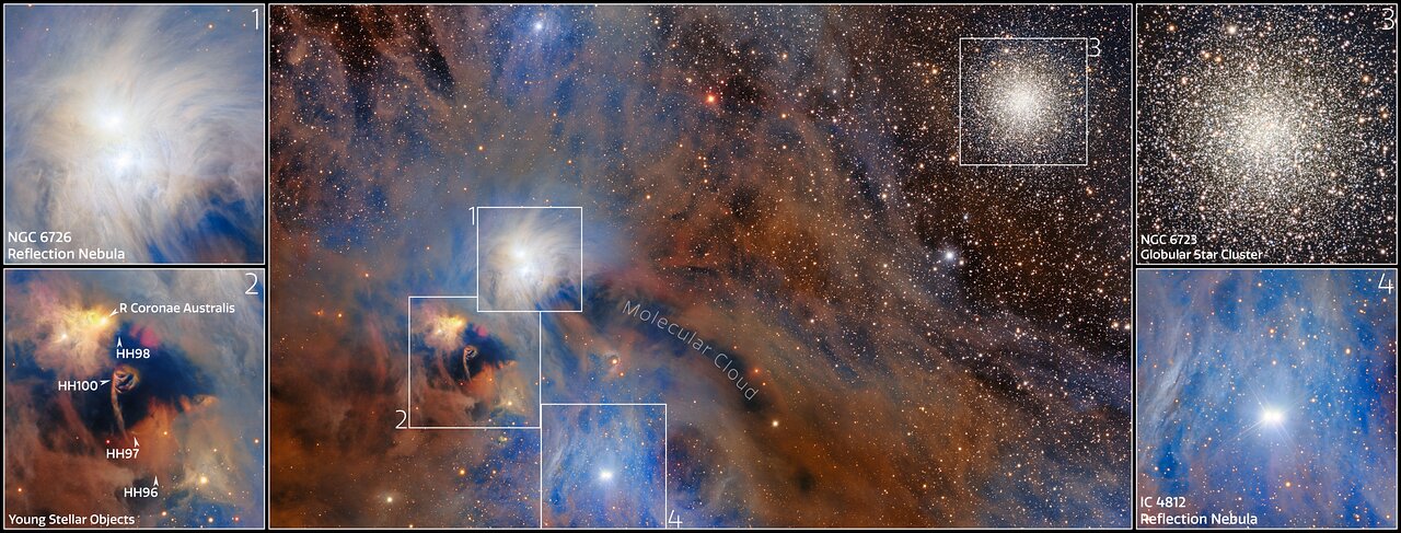 A mosaic of the main image showing some specific details like the star cluster, the reflection nebulae and the baby stars A mosaic of the main image showing some specific details like the star cluster, the reflection nebulae and the baby stars