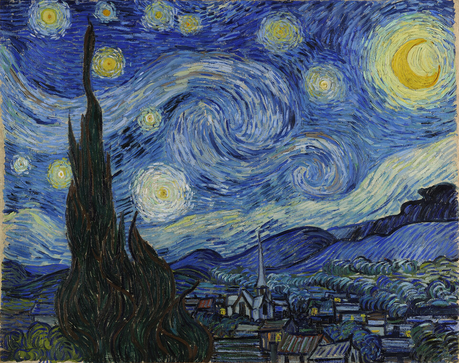 Van Gogh's 'The Starry Night' where the Moon, huge stars and swirling clouds are seen in the night sky above a quietly lit town. Van Gogh's 'The Starry Night' where the Moon, huge stars and swirling clouds are seen in the night sky above a quietly lit town.