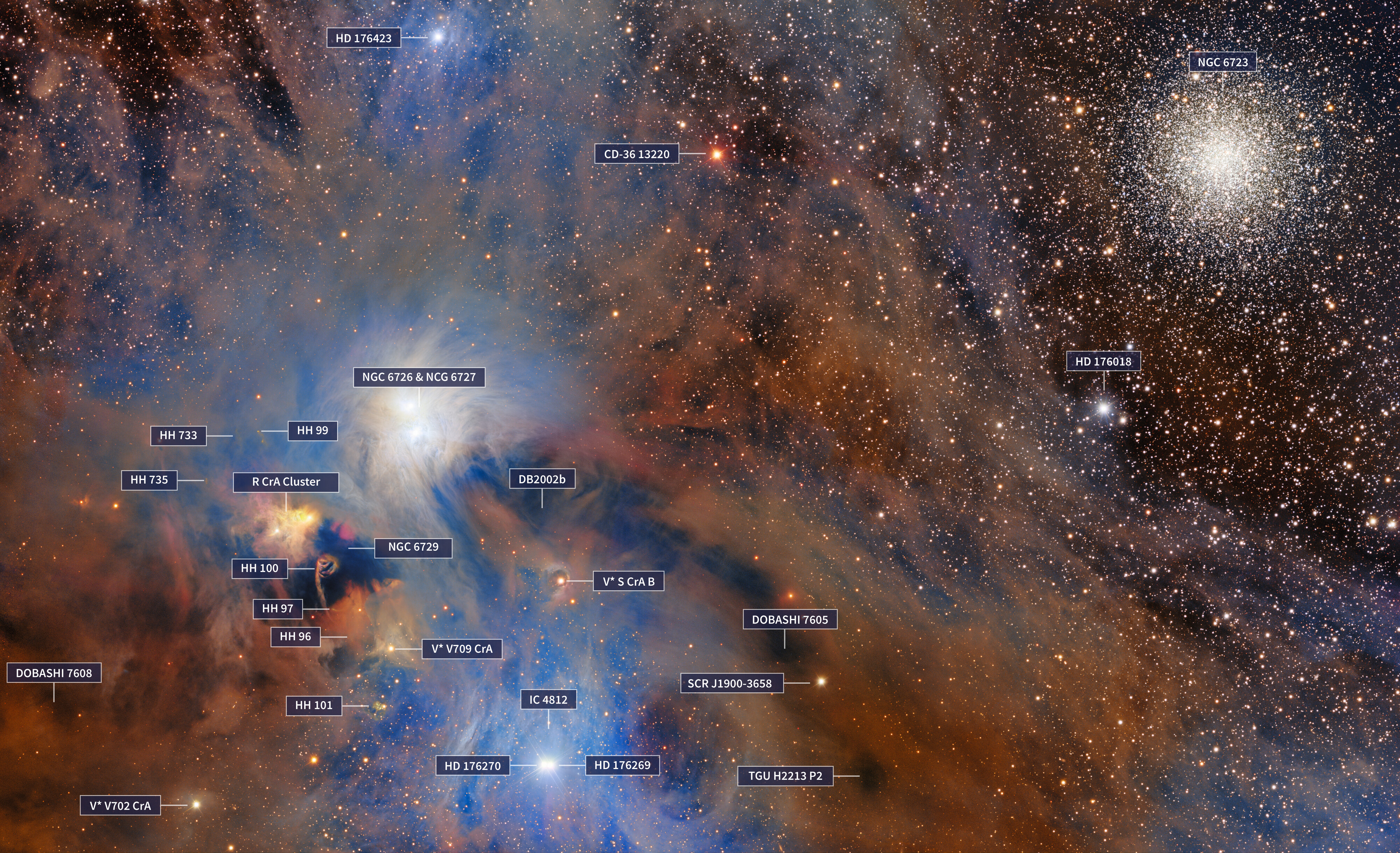 Multiple object of interest are labeled but the Chandelier Cluster really lives up to its name in the top right, shining brighlty at 29,000 light-years away. The Molecular Cloud is just 430 light-years away. Multiple object of interest are labeled but the Chandelier Cluster really lives up to its name in the top right, shining brighlty at 29,000 light-years away. The Molecular Cloud is just 430 light-years away.