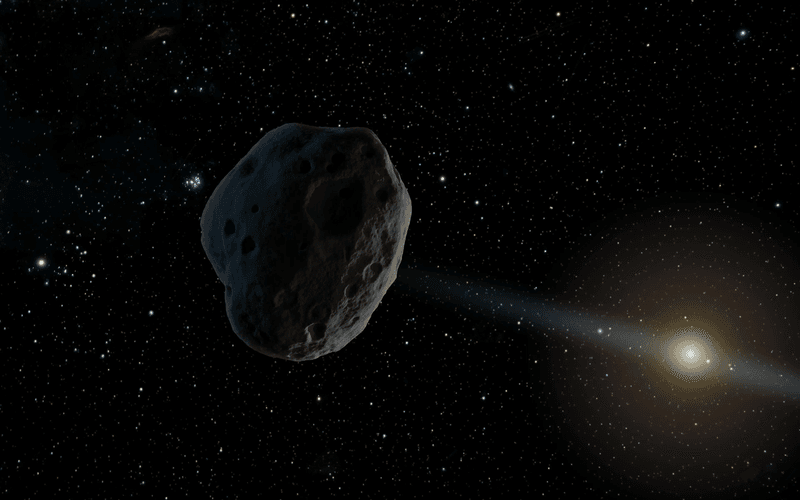 This artist’s concept depicts a near-Earth asteroid with an elongated orbit.