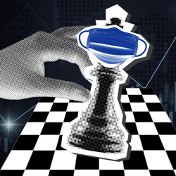 a hand moves a chess piece that is wearing a tiny face mask - part of IFLScience's viral summer series