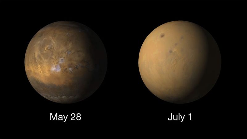 Two full globe view of Mars. One in May 28 showing many surface details, and a second one on july 1 showing the plante blanketed in dust