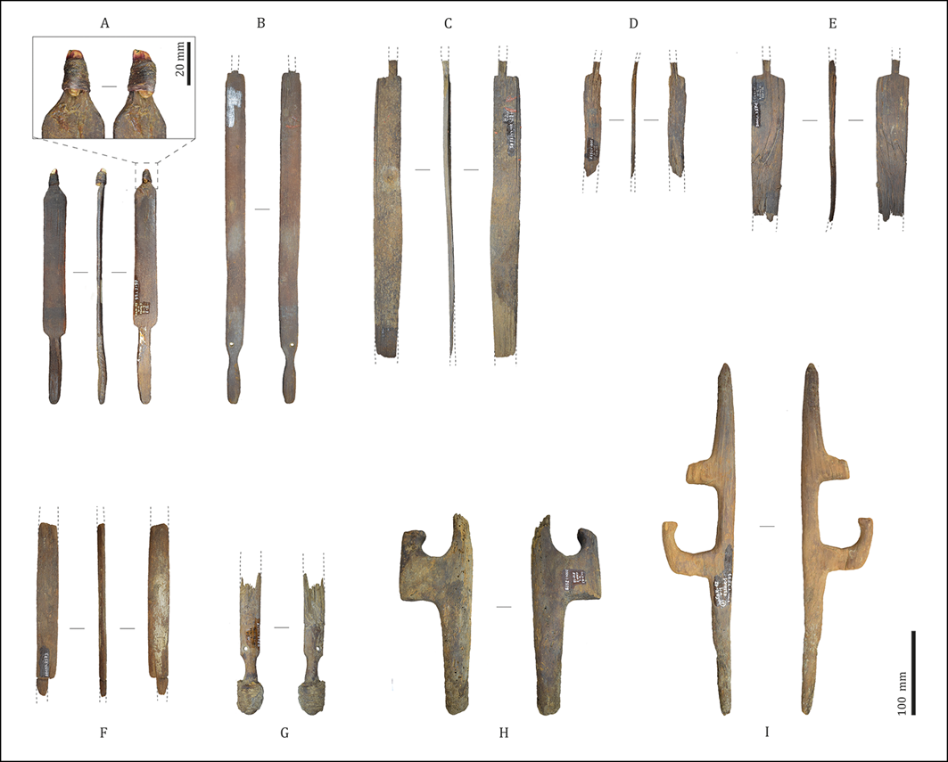 nine wooden spear throwers analyzed in the study, laid out with two or three views provided of each on a white background nine wooden spear throwers analyzed in the study, laid out with two or three views provided of each on a white background