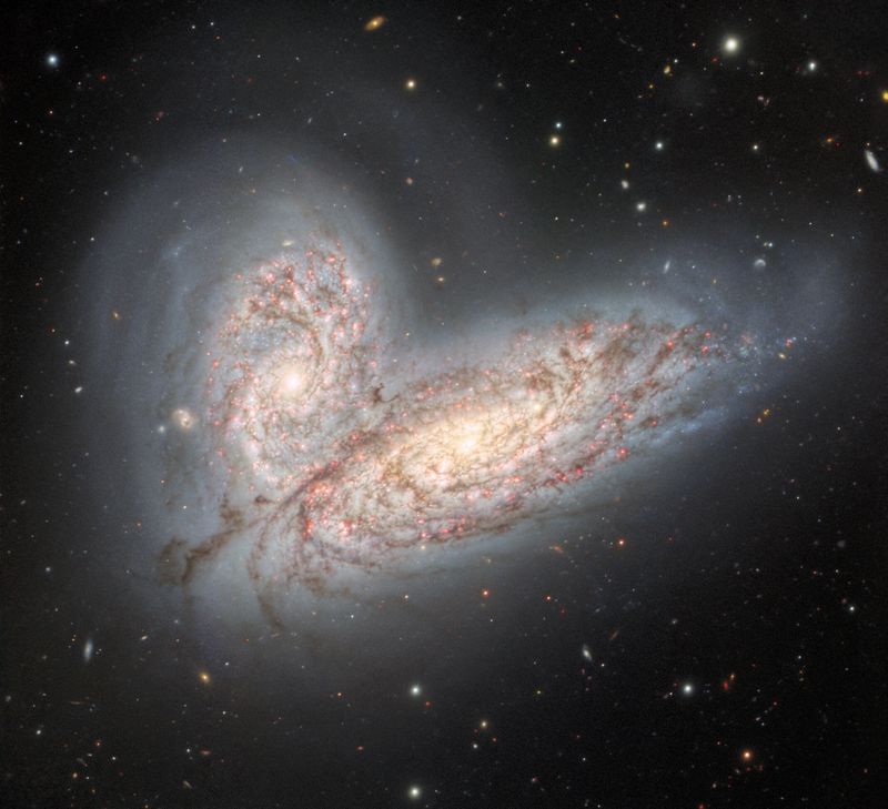 two spiral galaxies are seen interacting almost face on