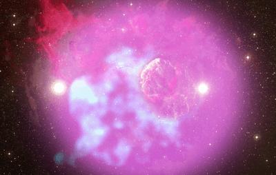 Combined image of the Jellyfish Nebula (IC 443) across many parts of the electromagnetic spectrum. The well-known supernova remnant has a companion