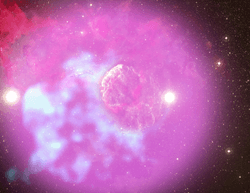 Combined image of the Jellyfish Nebula (IC 443) across many parts of the electromagnetic spectrum. The well-known supernova remnant has a companion