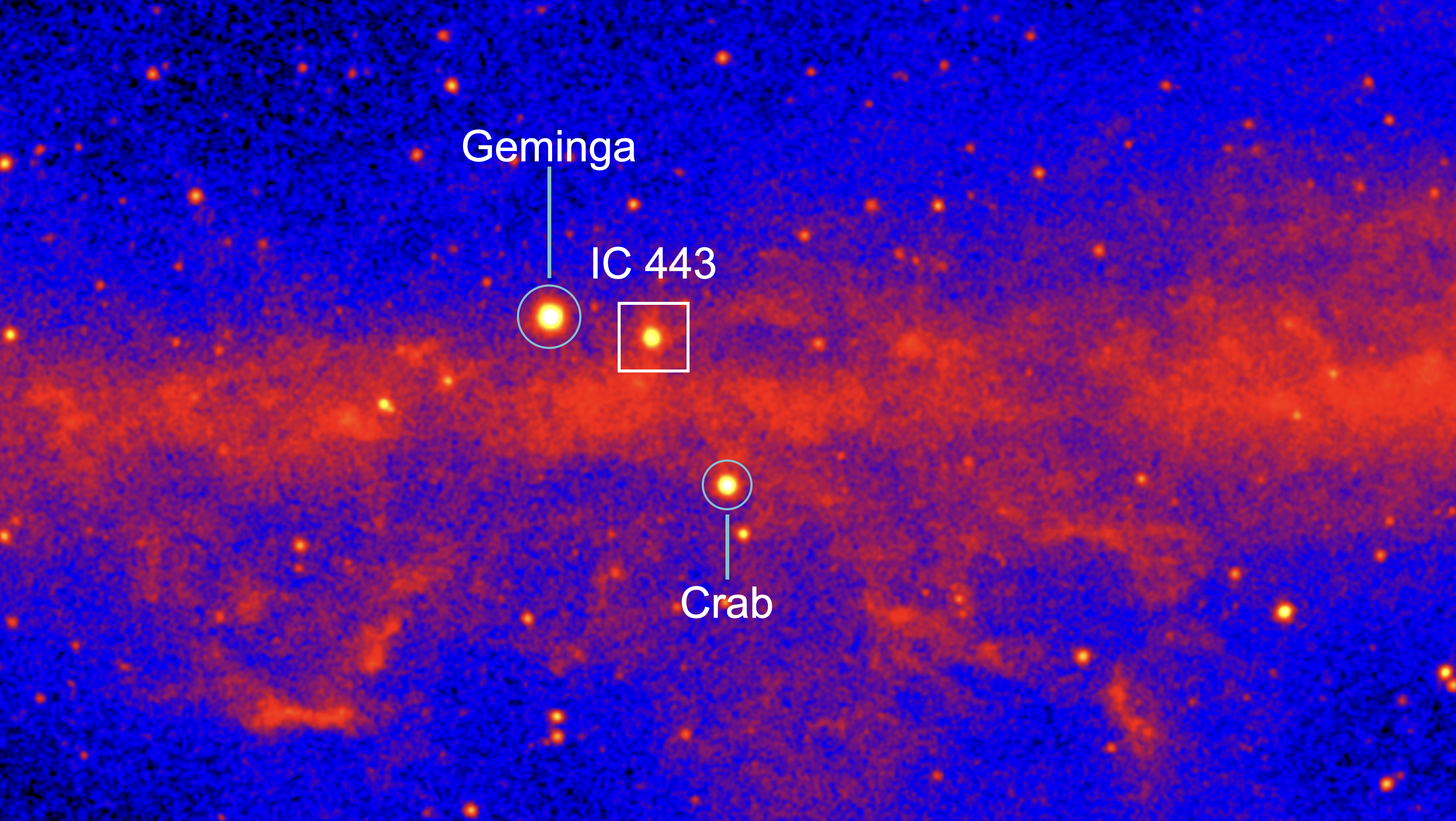 Gamma ray image of the galactic anticenter, showing IC 443, the bright pulsar Geminga and the Crab Nebula Gamma ray image of the galactic anticenter, showing IC 443, the bright pulsar Geminga and the Crab Nebula