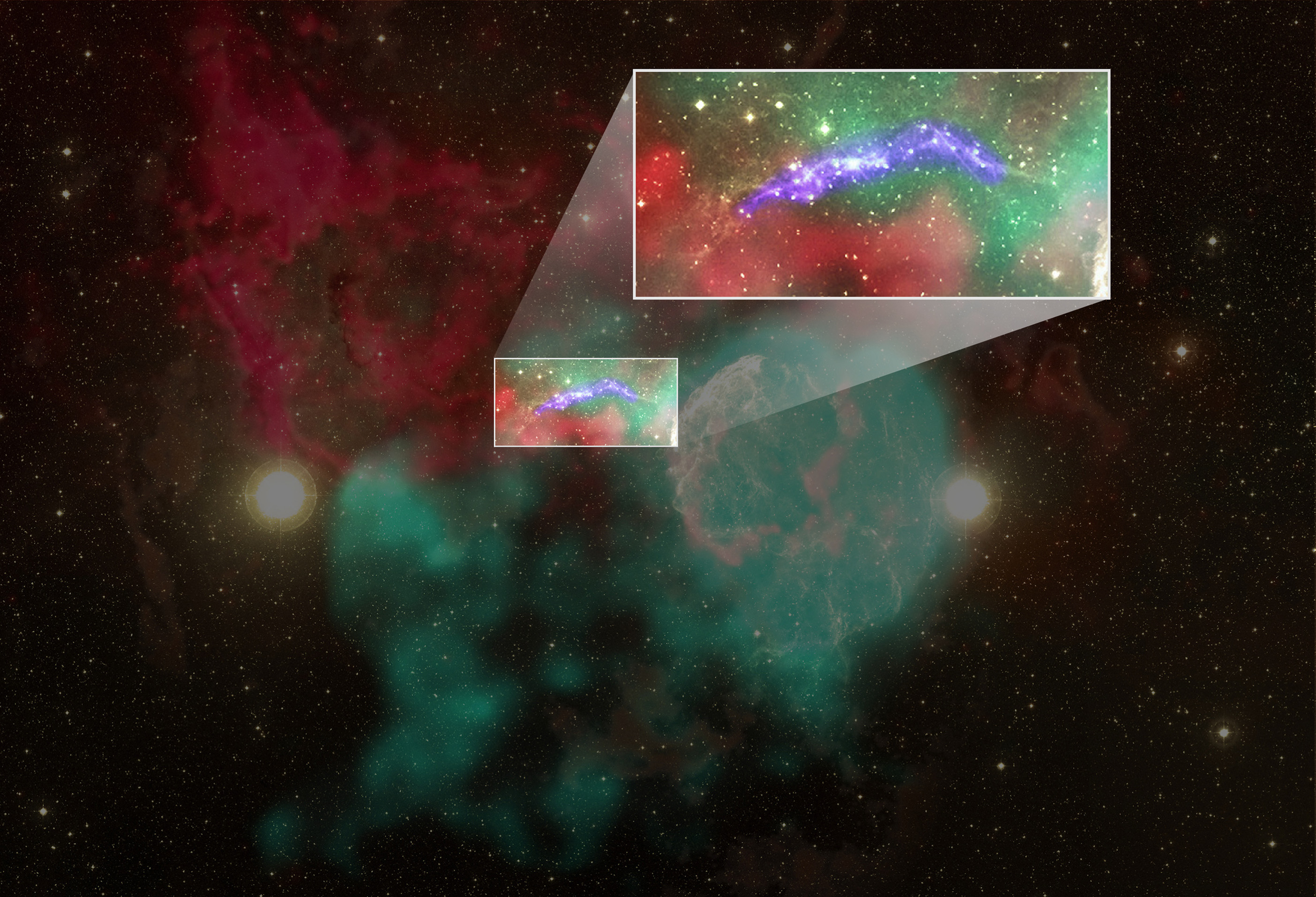 IC 443 composite at wavelengths from infrared to X-rays. The filament is the northern boundary of G189.6+3.3 seen in optical and UV light IC 443 composite at wavelengths from infrared to X-rays. The filament is the northern boundary of G189.6+3.3 seen in optical and UV light