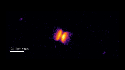 Image from HST showing the bipolar outflow of material ejected by the helium nova V445 Puppis. The progenitor binary star system is just about visible in the centre of the outflow. Also visible are the 'bullets' of gas that were shot out at either end of the outflow. Image taken in 2013 with the F502N filter on Hubble’s Wide Field Camera 3.