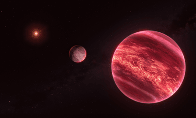 Artist's impression of the CD-35 2722, red dwarf in the distance, brown dwarf close up, and the newly discovered sub-Jupiter that orbits the brown dwarf between.