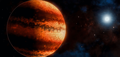 a gas giant planet with clouds and bands like jupiter is seen in space with a far but bright star in the background