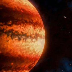 a gas giant planet with clouds and bands like jupiter is seen in space with a far but bright star in the background