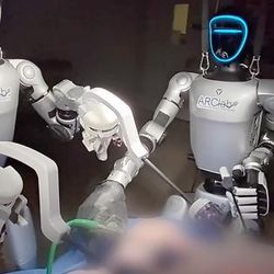The dual robosurgeons operating a blurred out pig (presumably for privacy).