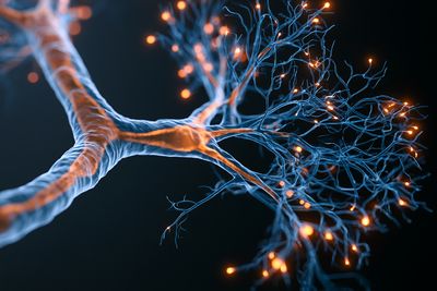 3D representation of a neuron with lots of branching dendrites and glowing orange to represent electrical impulses