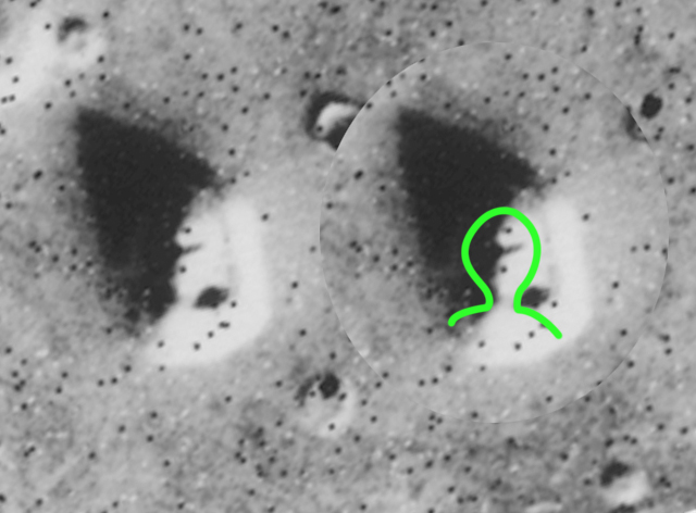 two views of the face on Mars upside down with one having a green silhoutte showing the position of the head and shoulder of this alien