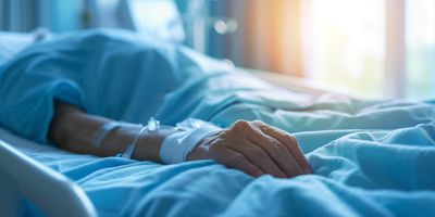 A close up photo of a patient's arm as they lay in a hospital bed. The arm has a bandage around the wrist where a drip can be connected. The patient is also wearing a medical tag. The rest of their body is out of the frame, but there is gentle morning light coming in through a window in the background. 