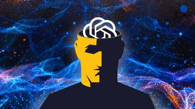 representation of human with the top of the skull removed and a logo that resembles an AI company or human brain, on a background with nebula-like swirls of blue and orange