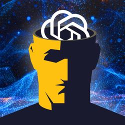 representation of human with the top of the skull removed and a logo that resembles an AI company or human brain, on a background with nebula-like swirls of blue and orange