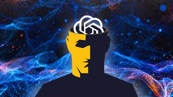 representation of human with the top of the skull removed and a logo that resembles an AI company or human brain, on a background with nebula-like swirls of blue and orange