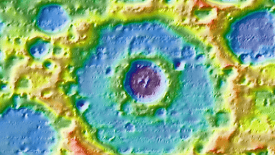 A topographical map of the Einstein crater on the Moon. Circles around a central impact crater.