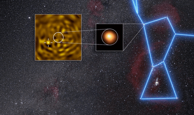 Betelgeuse B (left) struggles to stand out against the light of the supergiant star (center), both shown against their place in the sky