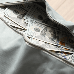 an open bag filled with dollar notes