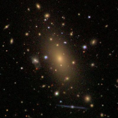 The galaxy looks a yellow elliptical collection of stars with a bright center