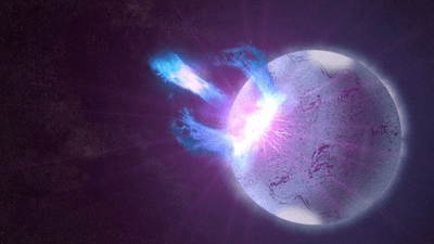 A neutron star cracking and flaring. Blue jets shoot out of a thick, white/pink crust.