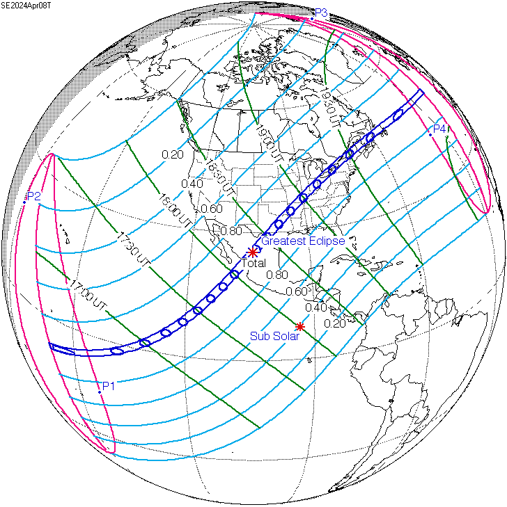 The parth of the April 2024 eclipse (dark blue) and the penumbra (light blue) with times marked in green The parth of the April 2024 eclipse (dark blue) and the penumbra (light blue) with times marked in green