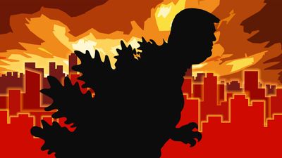 An image showing the silhouette of Godzilla with Donald Trump's head set against a burning city.