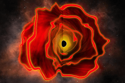 An artist's somewhat imaginative portrayal of a supermassive black hole surrounded by dense layers of gas in a ball with a radius the size of Neptune's orbit