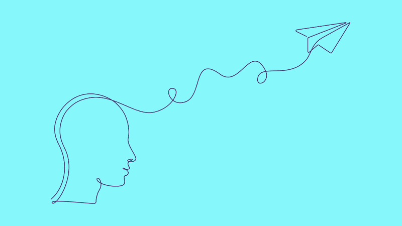 outline drawing of human head with wavy line coming off it leading to a paper aeroplane