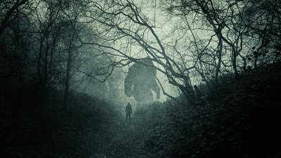 A silhouette of a giant at the end of a path through a forest (artwork).