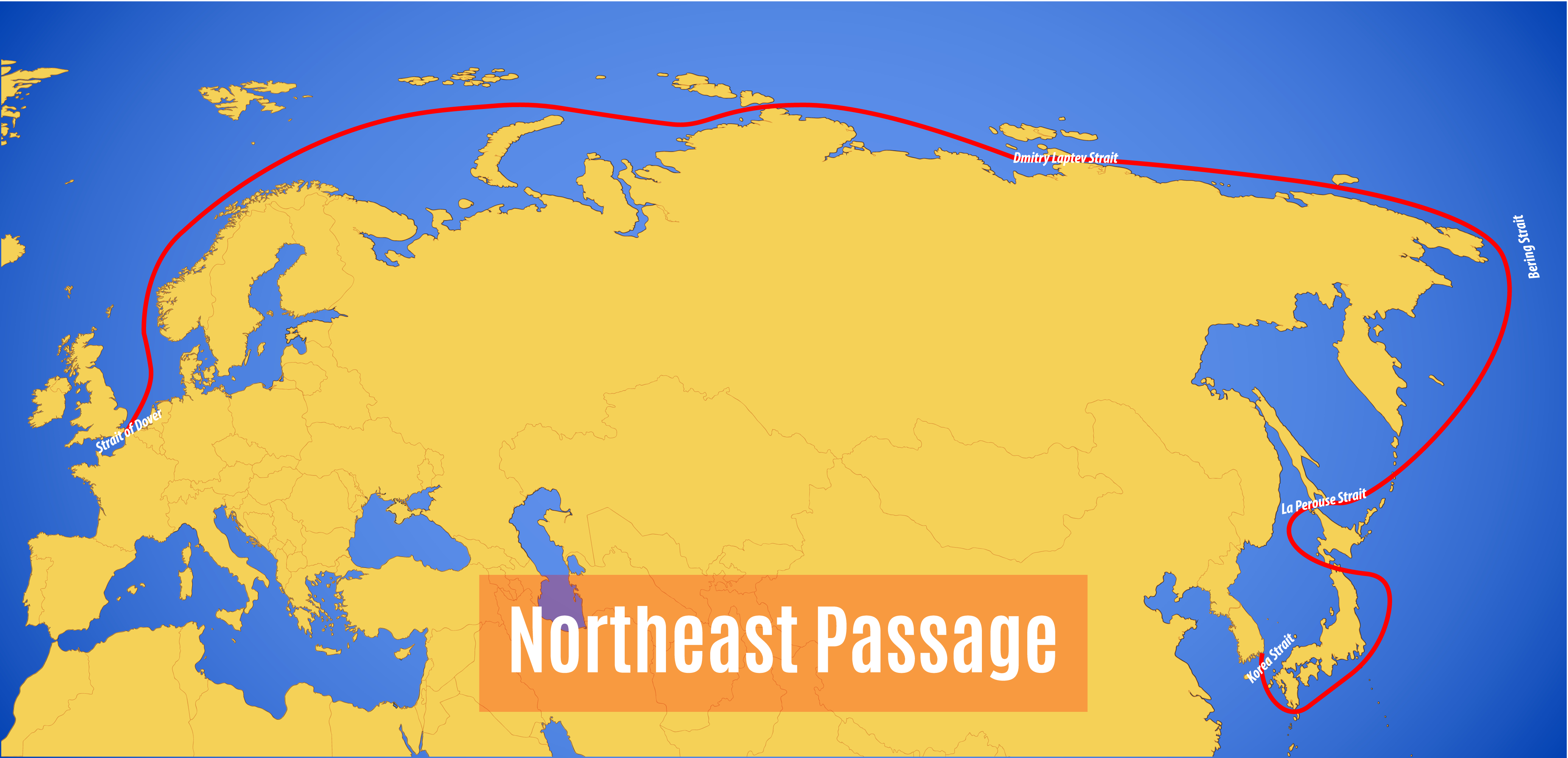 A map showing the rough route of the Northeast Passage around Russian Arctic Coast. A map showing the rough route of the Northeast Passage around Russian Arctic Coast.