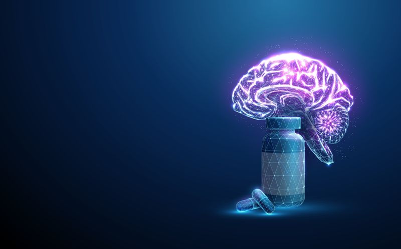 3D illustration of a human brain next to a bottle of pills in a glowing, digital style