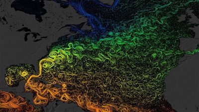 Visualization of ocean currents in the North Atlantic showing sea surface temperature (orange and yellow are warmer, green and blue are cooler).